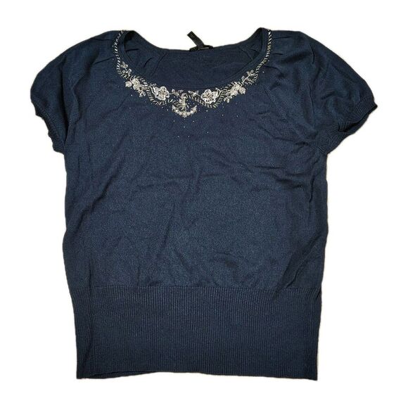 Escada Sweaters - Escada Womens Beaded Knit Top Size 38 Navy Scoop Neck Short Sleeve Sweater